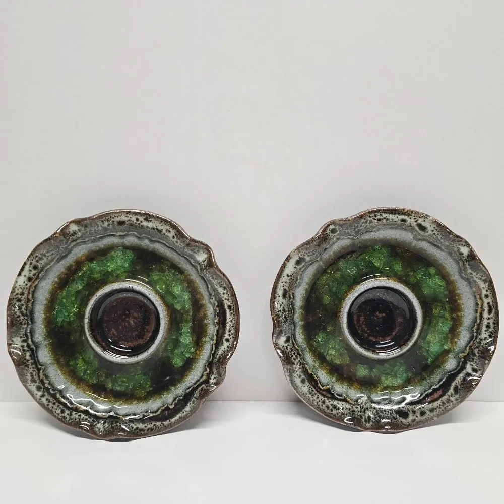 Native American Navajo Stoneware Pottery Crackle Glass Candle Holder Set NEW